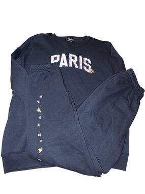 Planet Heart PARIS Navy Sweatshirt & Jogger Set with Floral Embroidery Sz L